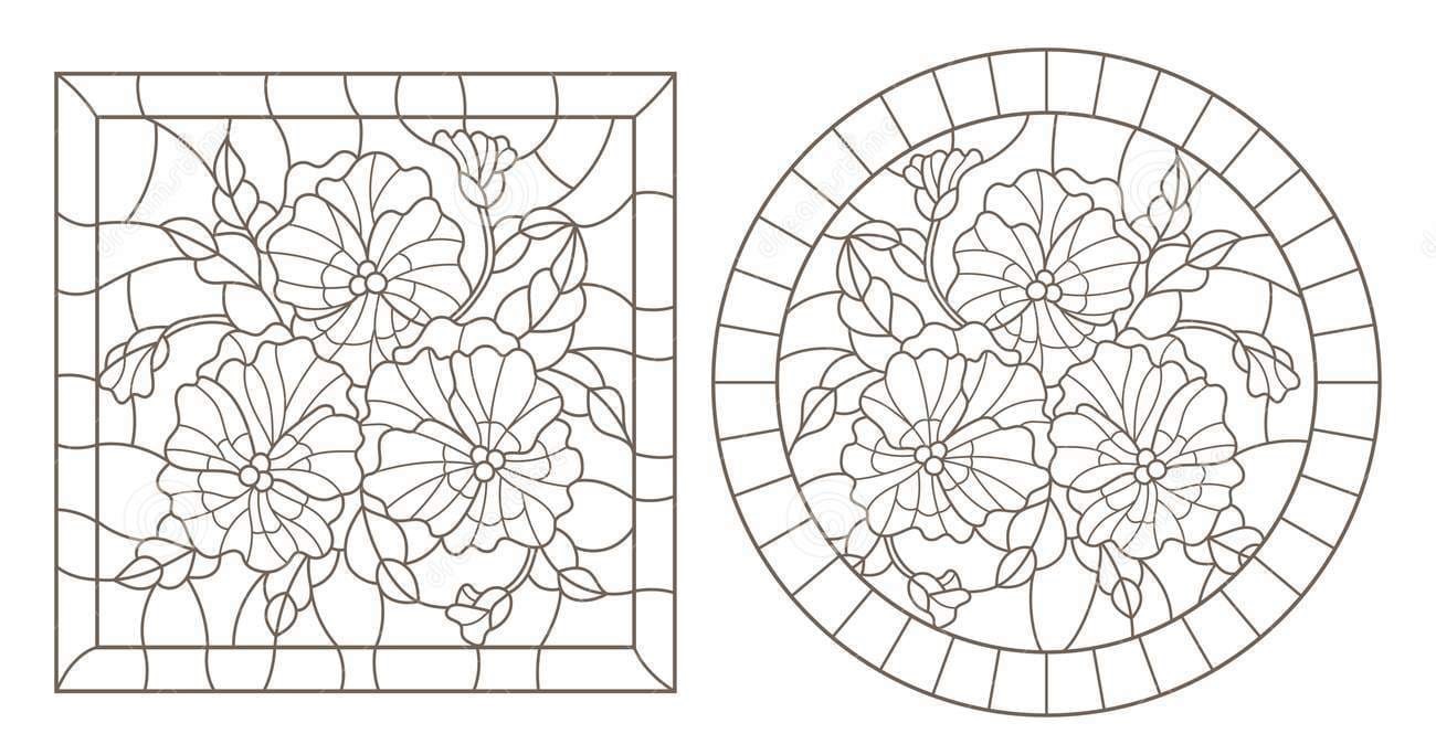 Contour Set With Illustrations Of Stained Glass Windows With Pansys In Frames Coloring Page