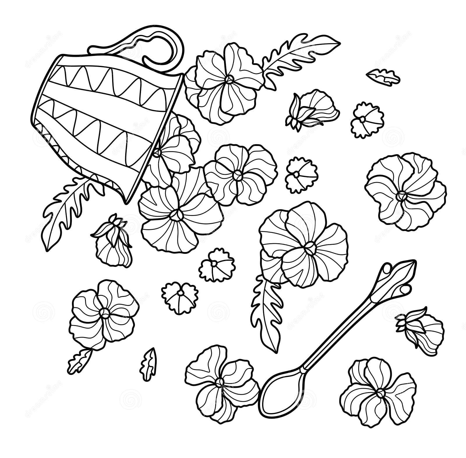 Cup, Spoon And Pansies Coloring Page