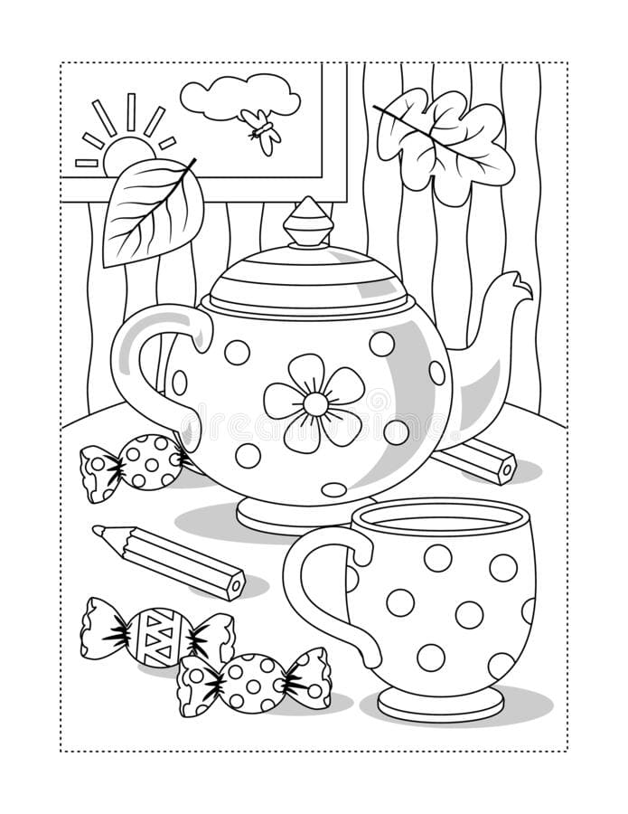 Cup, teapot, Candy To Print Coloring Page