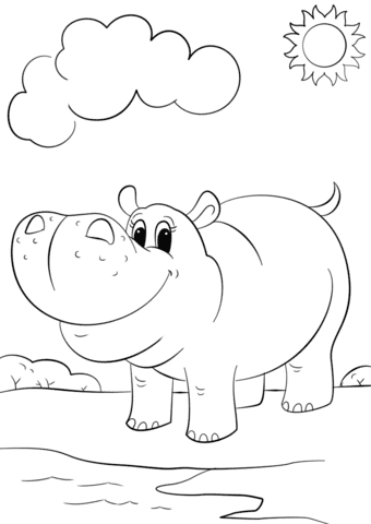 Cute Cartoon Hippo Free Coloring Page