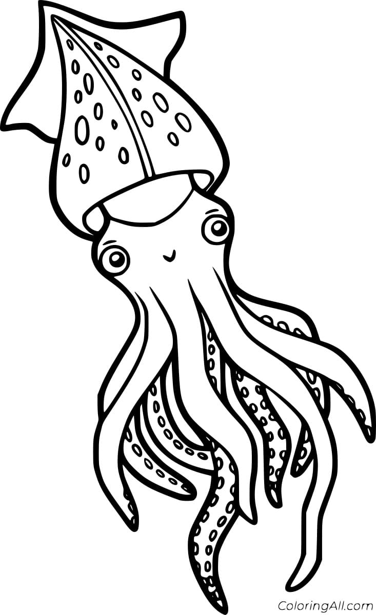 Cute Cartoon Squid Free Printable Coloring Page