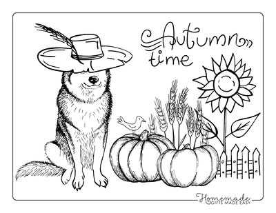 Cute Dog with Autumn Harvest Coloring Page Coloring Page