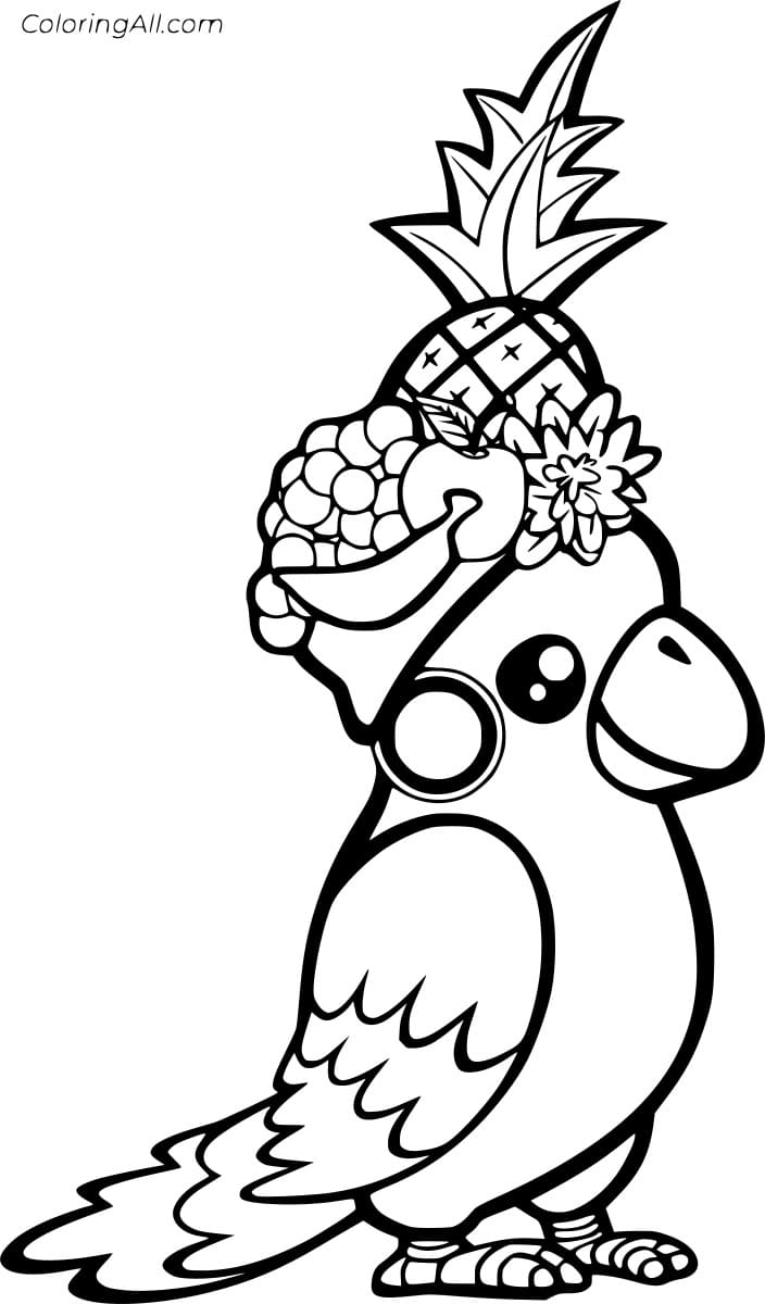 Cute Parrot and Fruits Coloring Printable Coloring Page