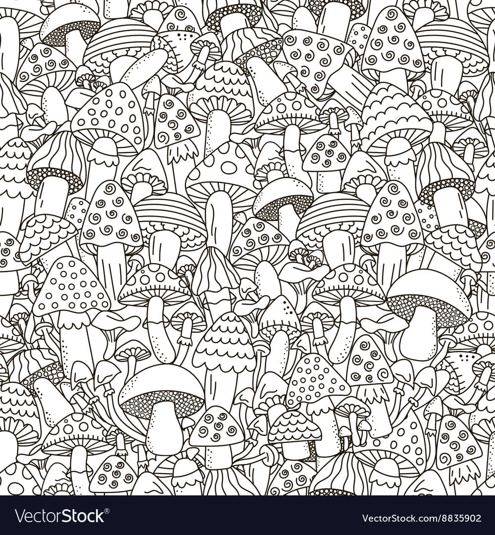 Doodle Mushrooms Seamless Pattern Vector Image Coloring Page