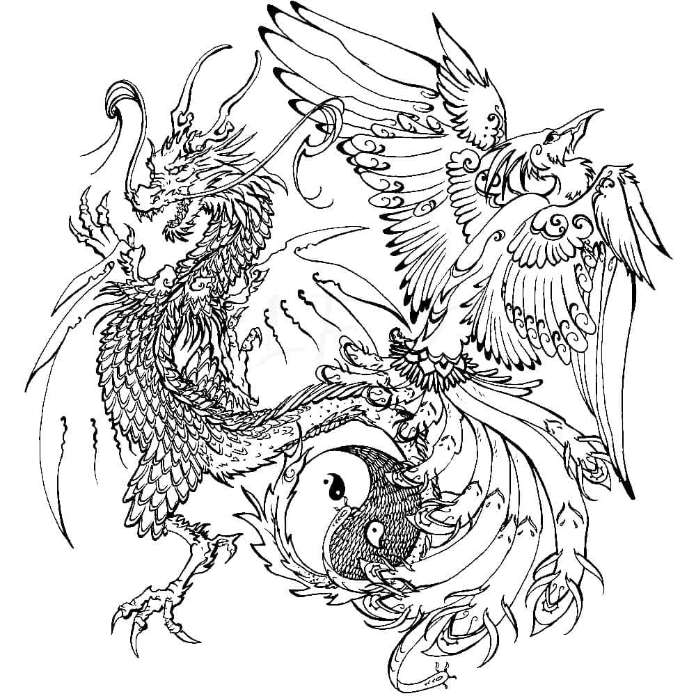Dragon And Phoenix Coloring Page