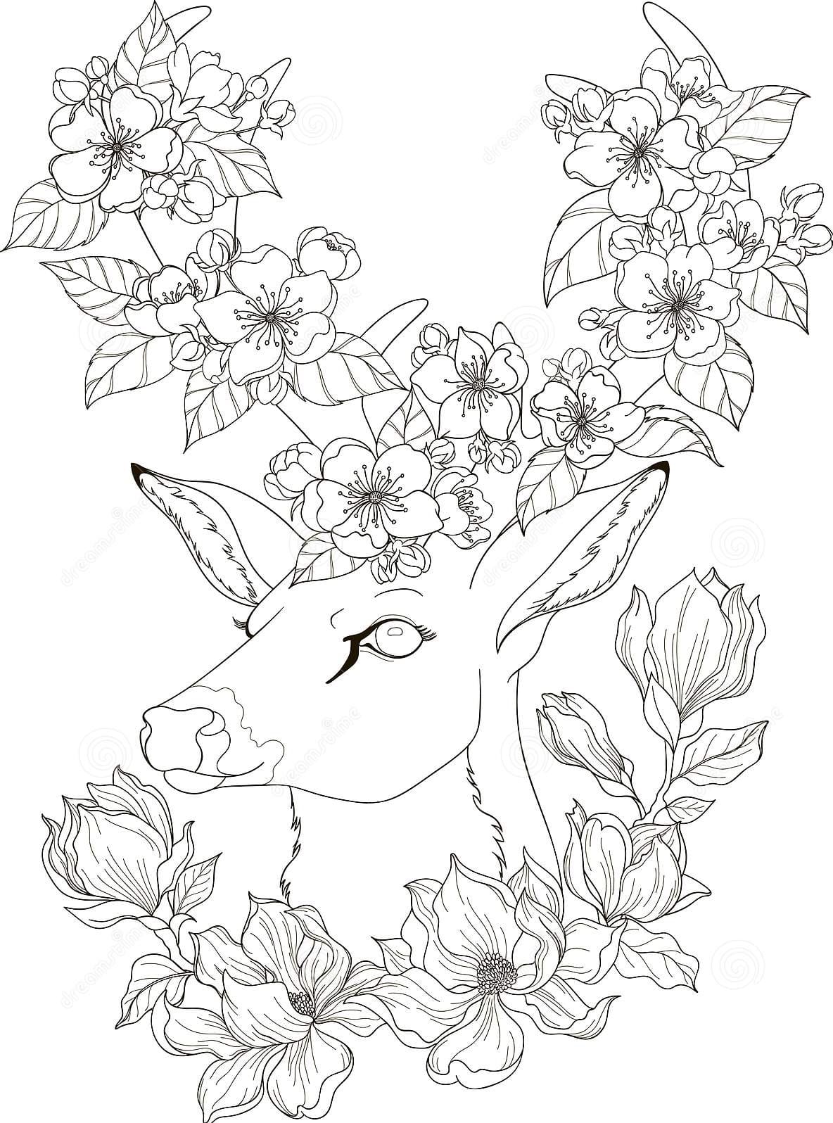 Drawing Deer With Magnolia And Apple Blossom Coloring Page