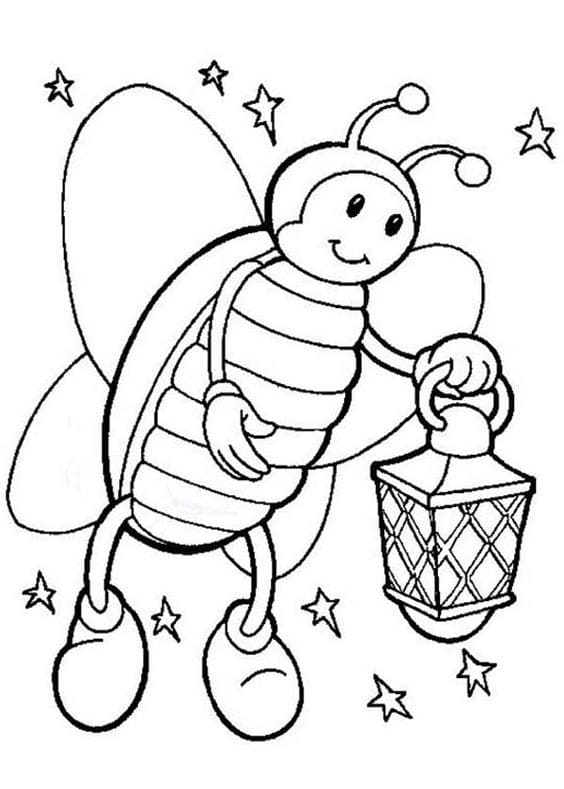 Firefly On Starry Night Hold A Lamp Printable Coloring Page