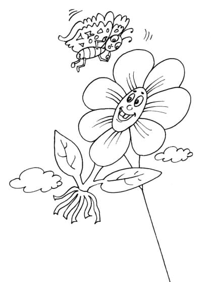 Flower Kite And Butterfly Free Coloring Page