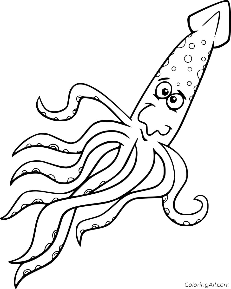 Free Printable Cartoon Funny Squid Coloring Page