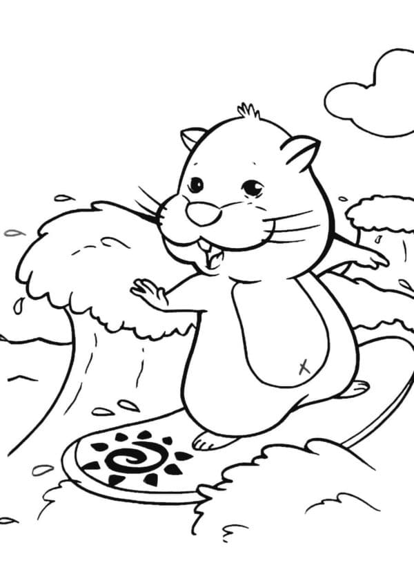 Hamster Conquers The Waves Of The Ocean Coloring Page