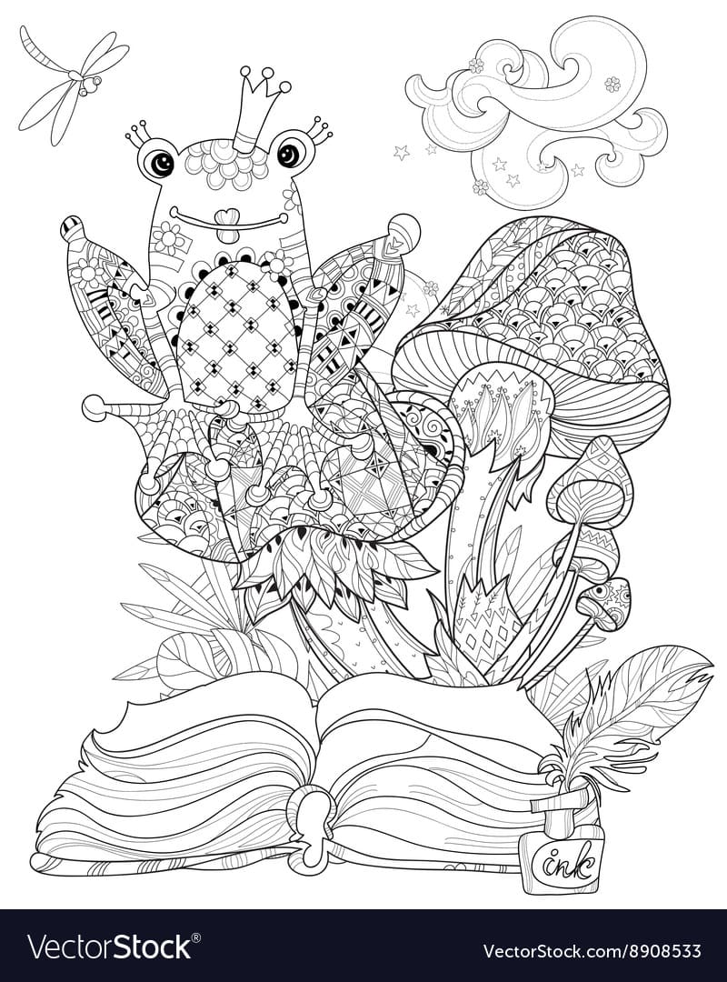 Hand Drawn Doodle Outline Mushrooms And Frog Coloring Page