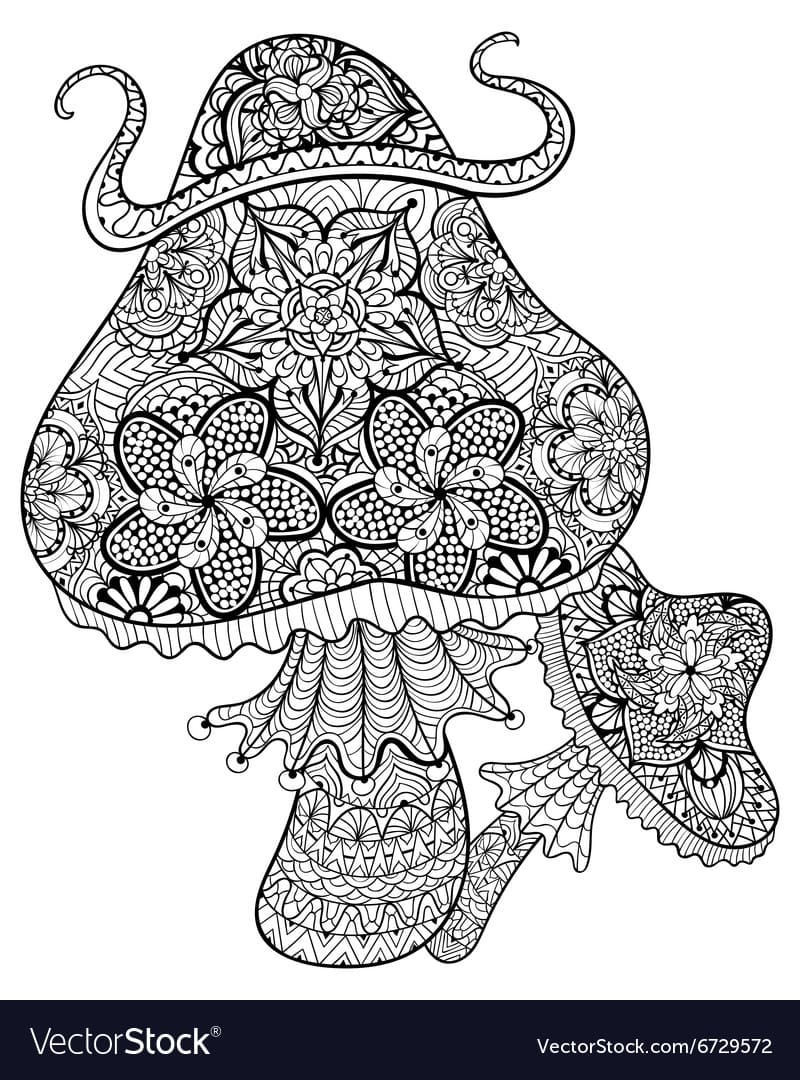 Hand Drawn Magic Mushrooms Coloring Page