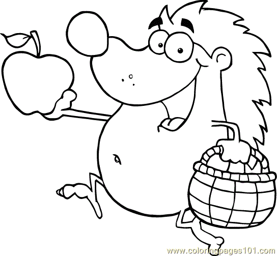 Happy Hedgehog Runs With Apple Coloring Page Coloring Page