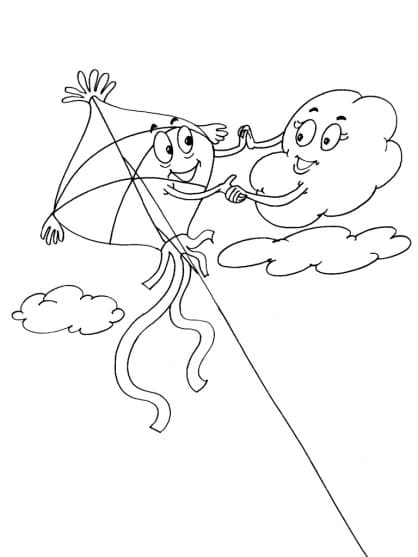 Kite And Clouds Free Printable Coloring Page