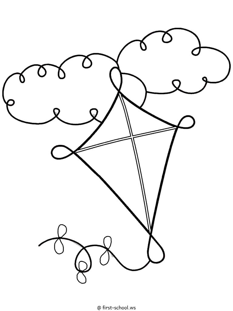 Kite And Clouds Free Coloring Page