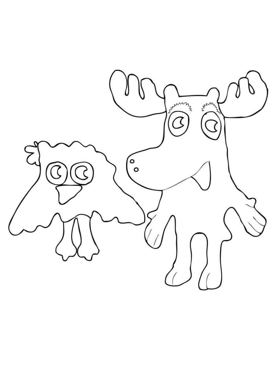 Moose and Owl Kids Drawing BW Free Coloring Page