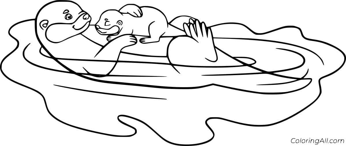 Mother Otter and Baby Swimming Free Printable Coloring Page