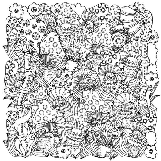 Mushroom Caps and Flower Hats Coloring Page