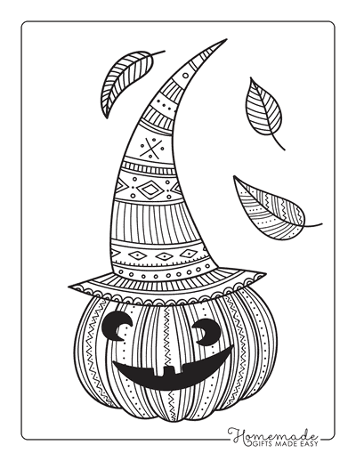 Patterned Pumpkin with Hat and Leaves Coloring Page