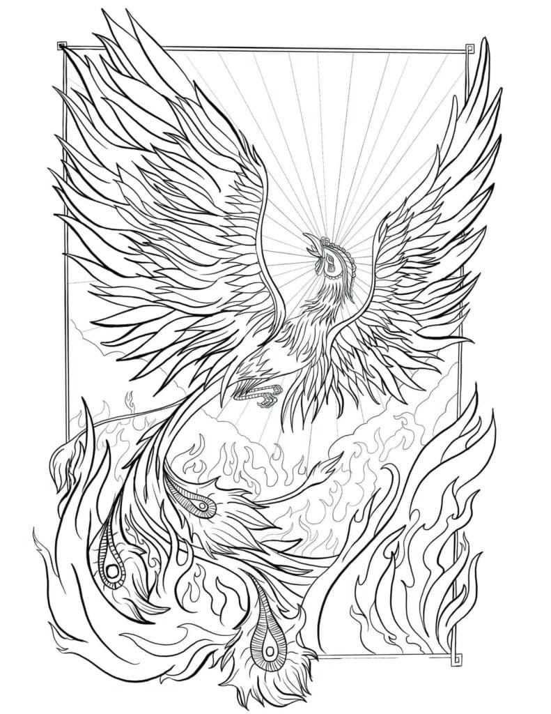 Phoenix And Fire To Printable Coloring Page