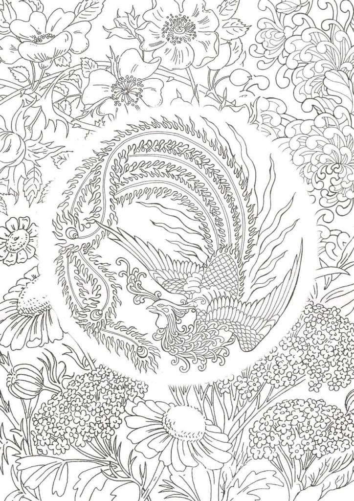 Phoenix And Flowers Coloring Page