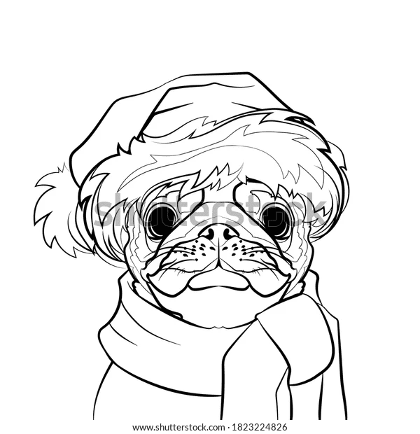 Pug Dog Santa Hat Coloring Page