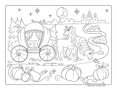 Pumpkin Carriage, Horses, and Palace Coloring Sheet Coloring Page