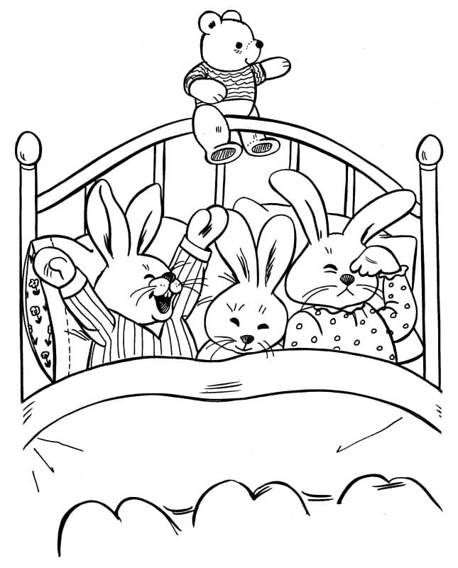 Rabbit Family In The Bed Coloring Page