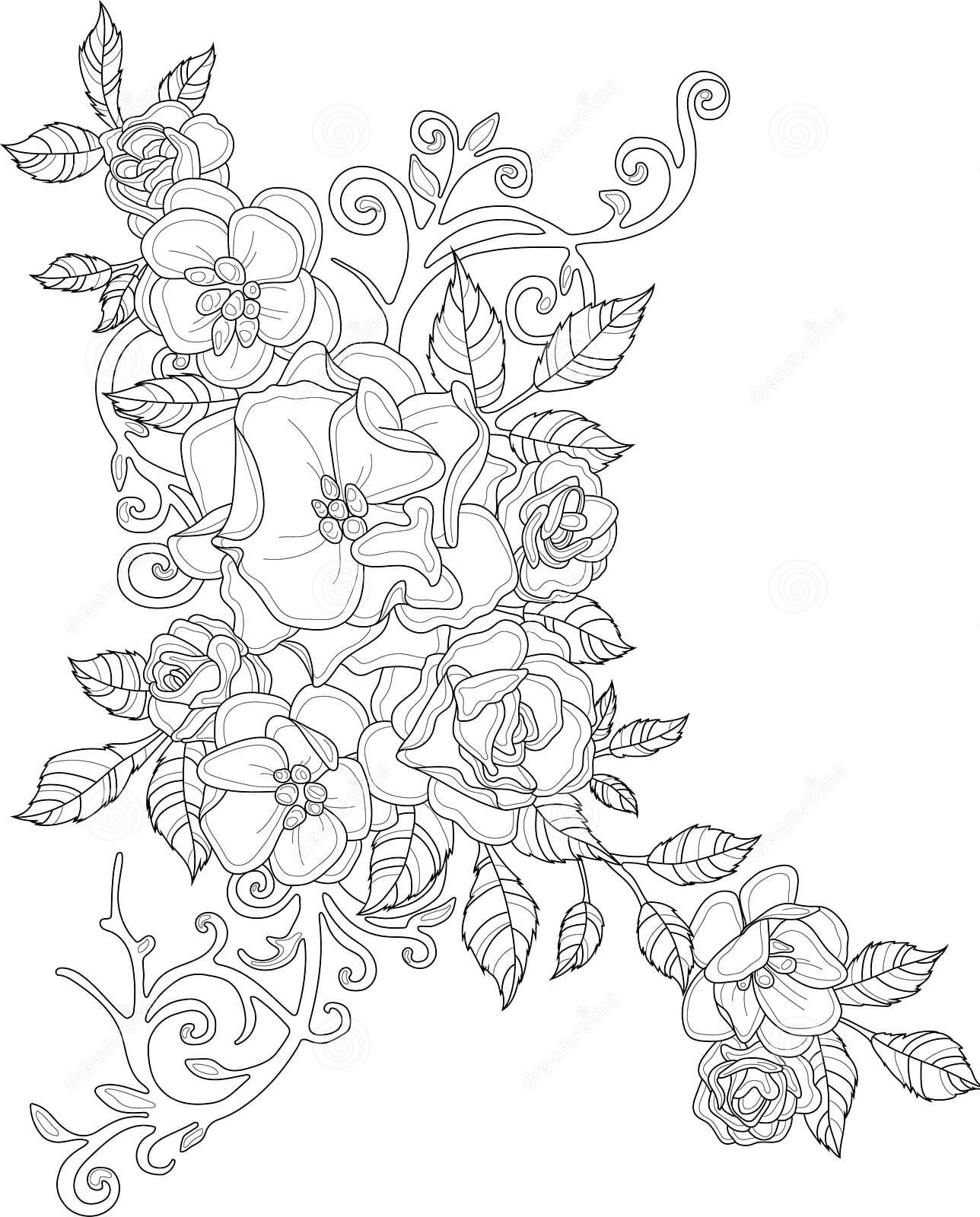 Realistic Magnolia Rose Flowers With Leafs Bouquet Sketch Template