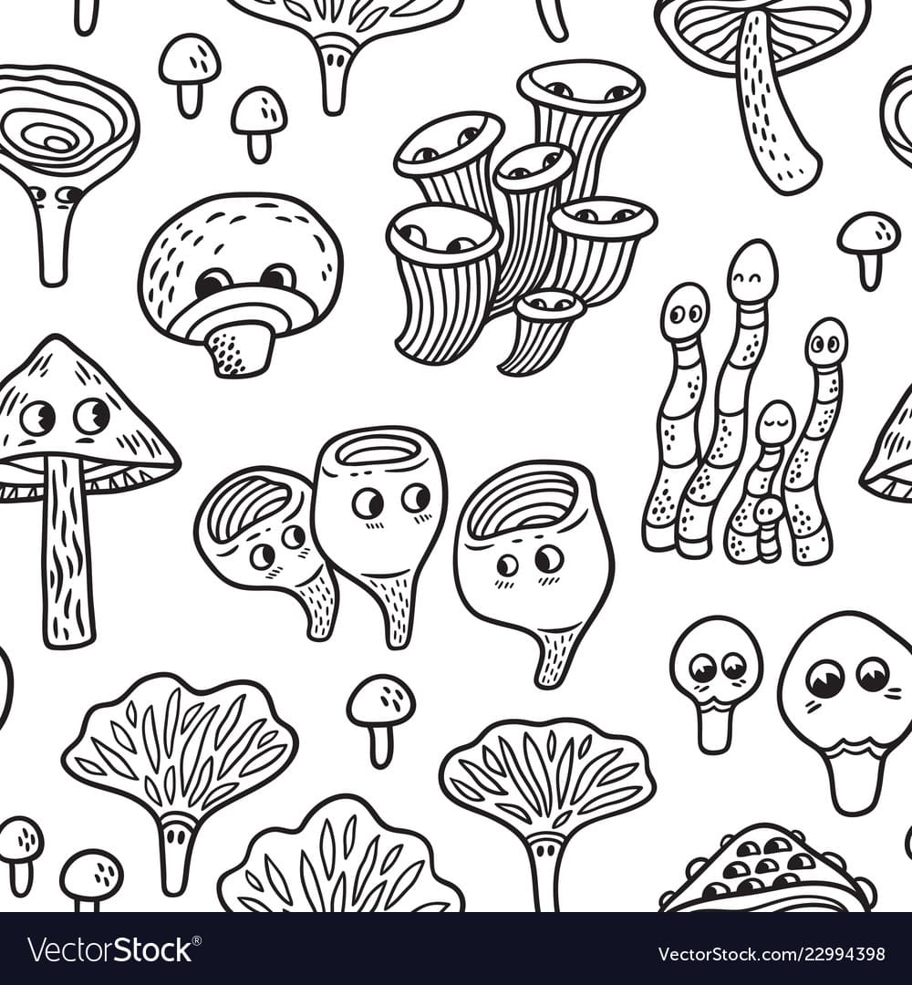 Seamless Pattern With Ink Funny Mushroom Vector Image Coloring Page