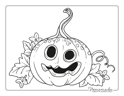 Silly Carved Pumpkin and Fall Leaves Coloring Page