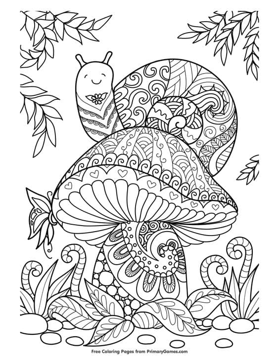 Snail On A Mushroom Coloring Page