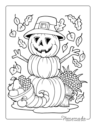 Thanks giving Scarecrow with Cornucopia Coloring Page