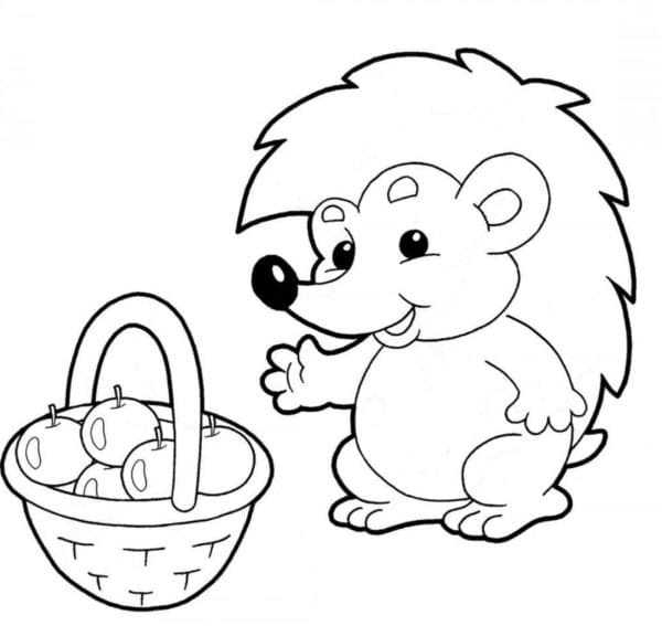 This Hedgehog Was Very Happy To Find A Whole Basket Of Apples Coloring Page