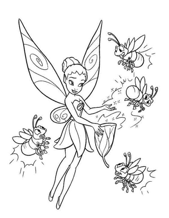 Tinkerbell And Four Firefly Coloring Page