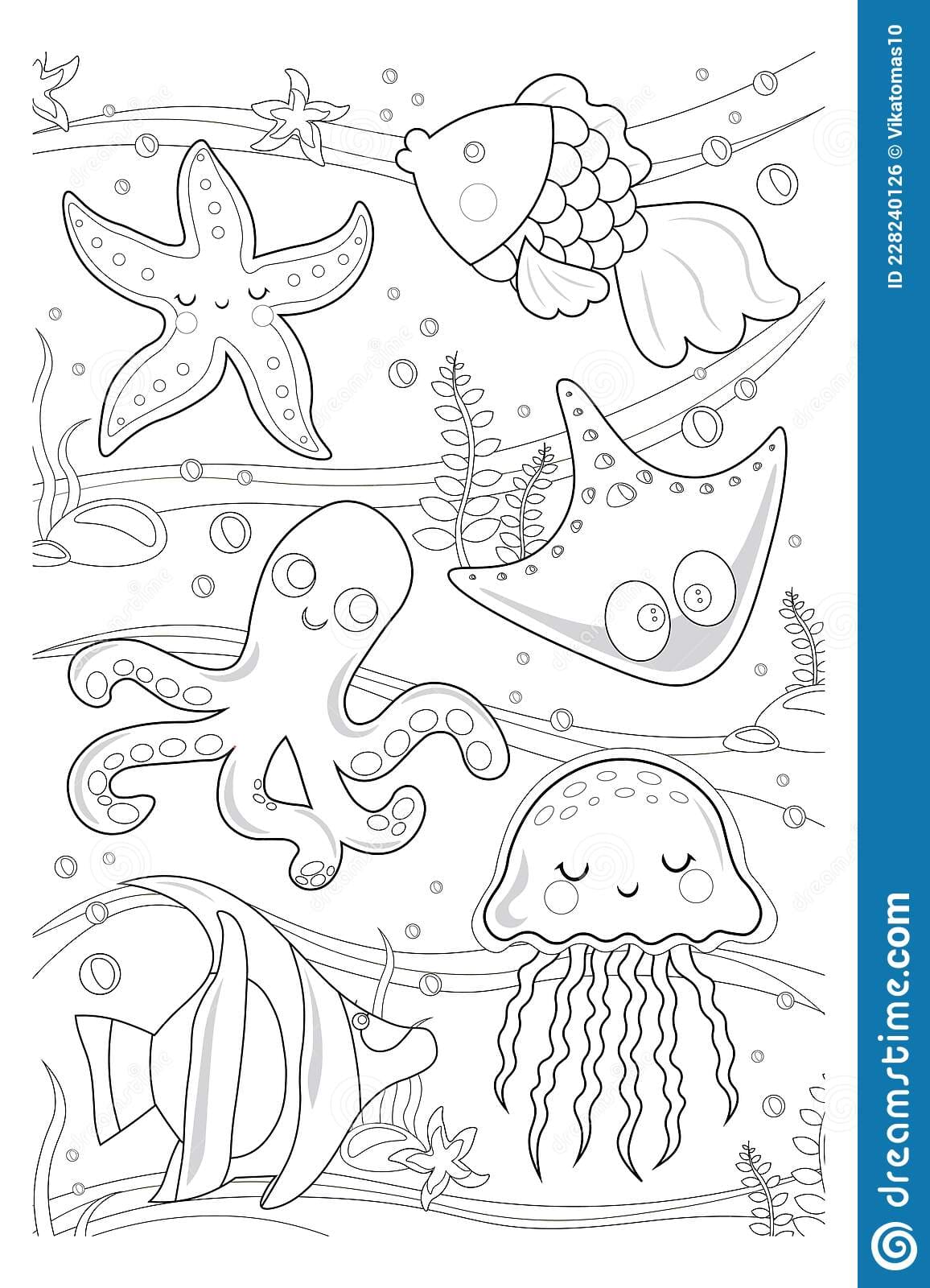 Underwater World With Fish, Algae, Squid, Octopus, Starfish, Jellyfish Coloring Page