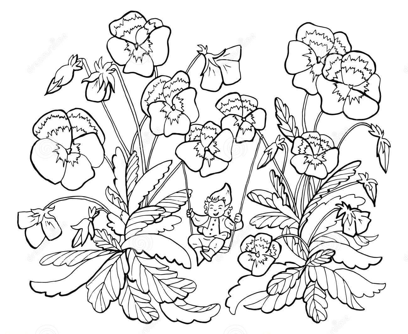 Vector Drawing Of Little Gnome on Swings With Garden Pansy Coloring Page