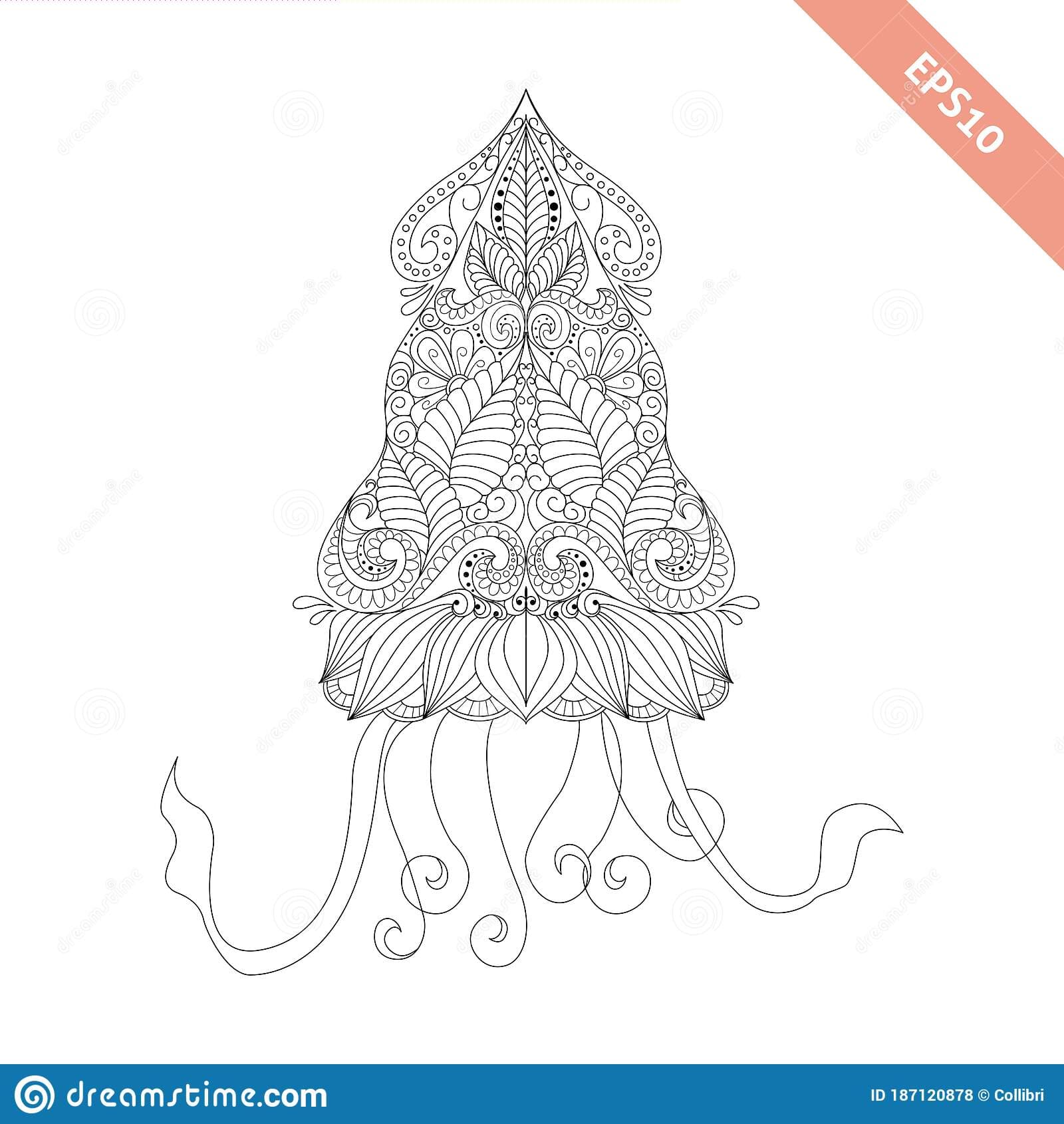 Vector Illustration Cartoon Squid With Floral Doodle Ornament