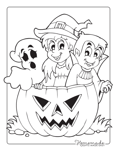 Witch, Ghost, Vampire inside Carved Pumpkin Coloring Page