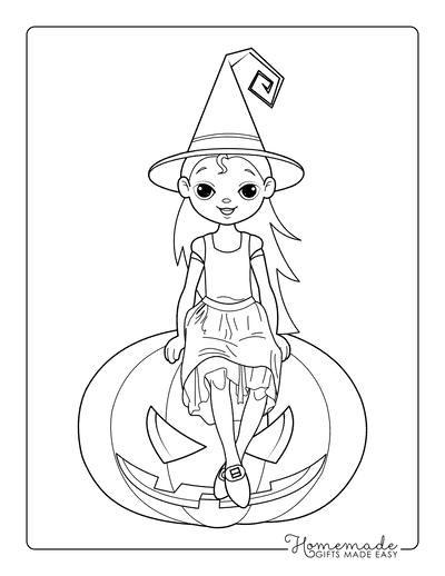 Witch Sitting on Carved Pumpkin Coloring Page