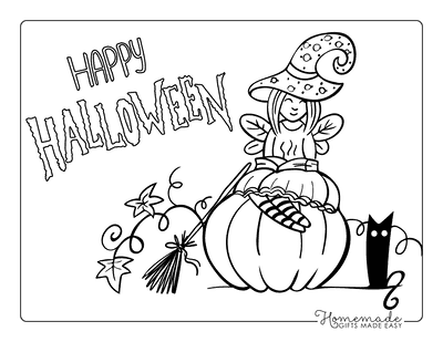 Witch on Pumpkin with Black Cat Coloring Page