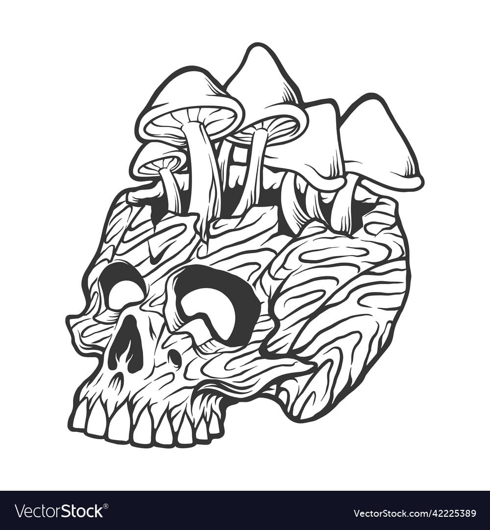 Wood Skull With Mushrooms Colorful Silhouette Vector Image