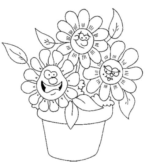 Cartoon Flowers in Pot Image Coloring Page