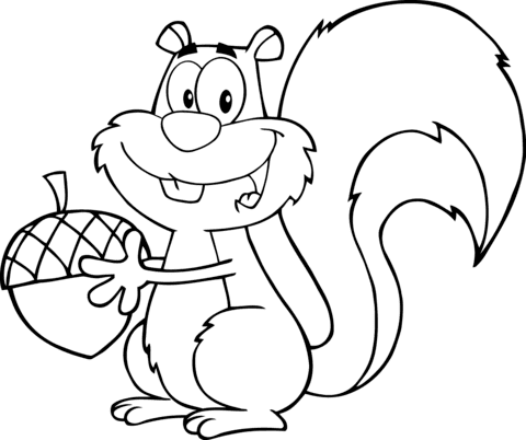Cartoon Squirrel Holding An Acorn Coloring Page