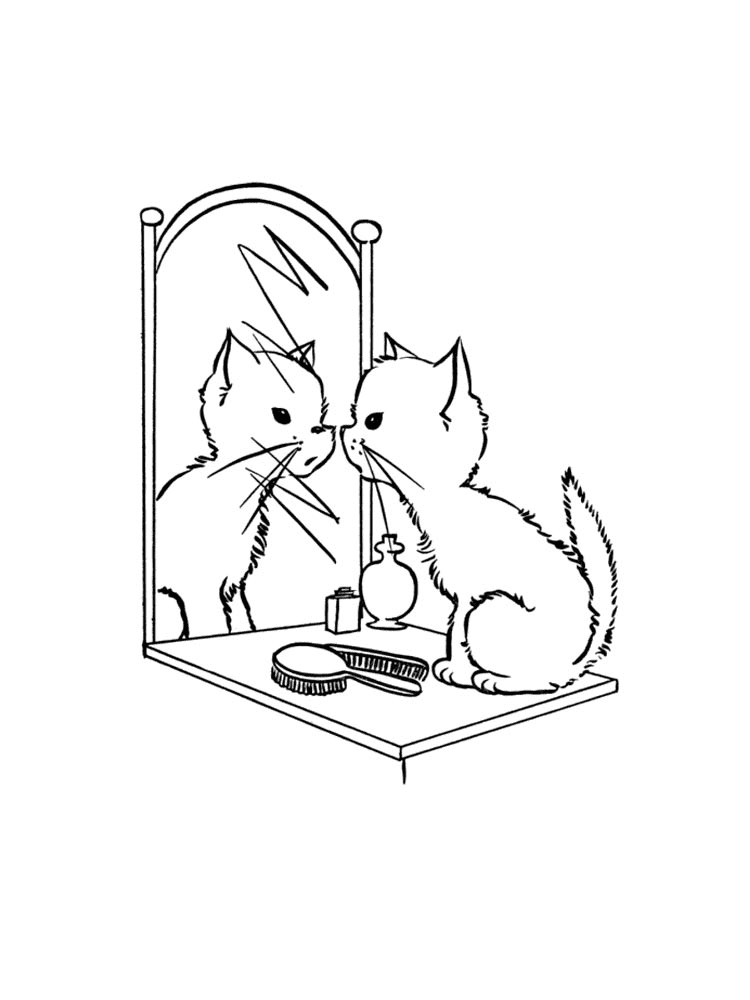 Cat Looking At The Mirror For Children Coloring Page