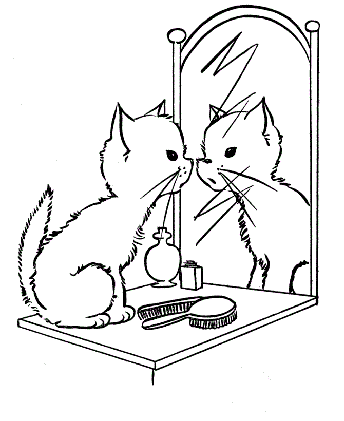 Cat On The Mirror Image For Kids Coloring Page