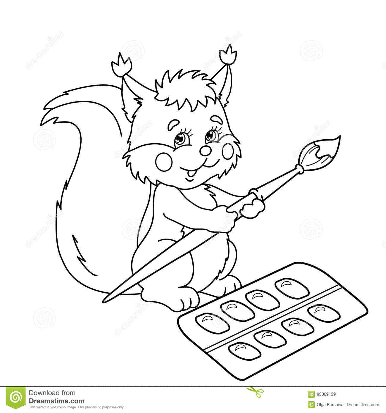 Coloring Page Outline Of Cartoon Squirrel With Brushes And Paints Coloring Page