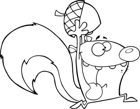 Crazy Cartoon Squirrel Running with Acorn Coloring Page