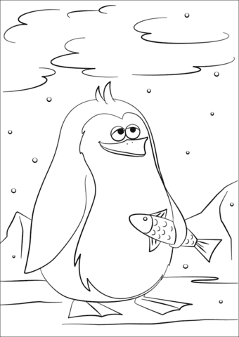 Cute Cartoon Penguin Holding a Fish Image Coloring Page