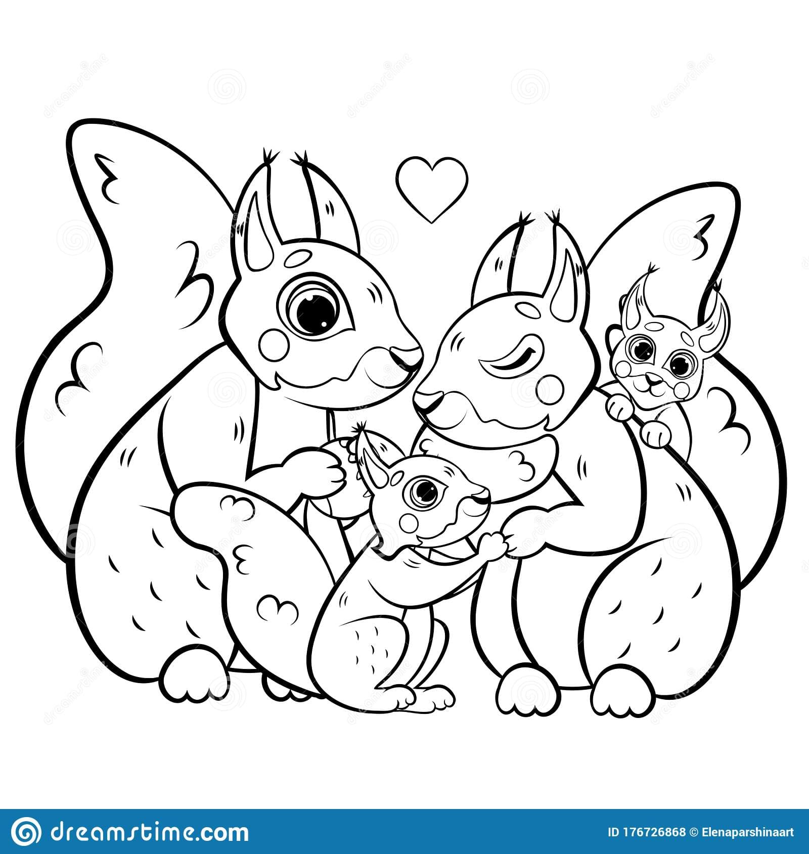 Cute Cartoon Squirrel Family Coloring Page